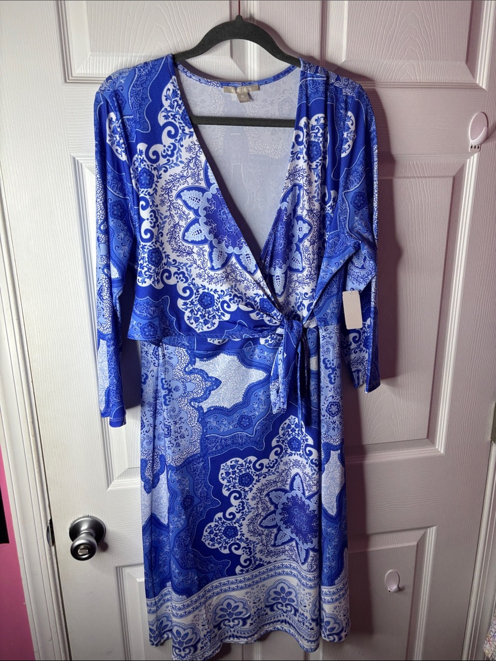 Sunny Leigh Blue and White Paisley Midi Wrap Dress